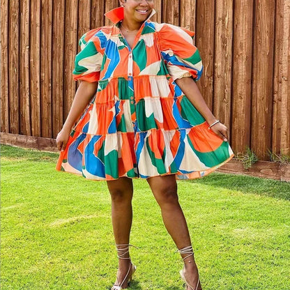 Women Elegant Fashion Casual Ruffled Short Sleeves Color Blocking Shirt Dress