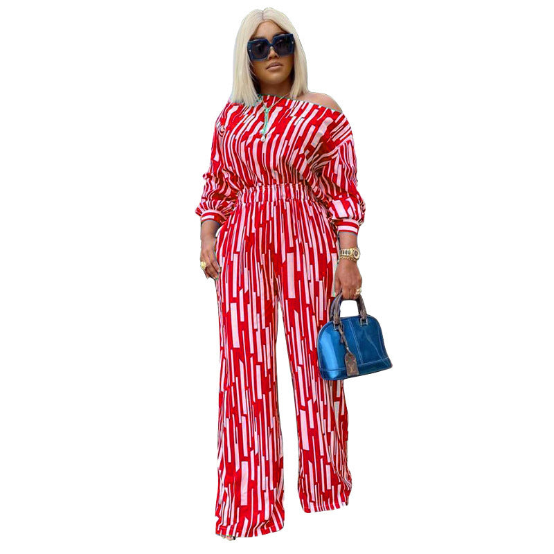 Plus Size Women Stripe Print Long-Sleeved Shoulder Loose Casual Two Pieces Suit