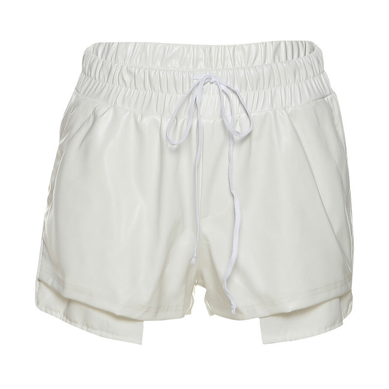 Women Contrast Color Imitation Leather Lace High Waist Hip Tight Casual Shorts
