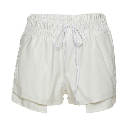 Women Contrast Color Imitation Leather Lace High Waist Hip Tight Casual Shorts