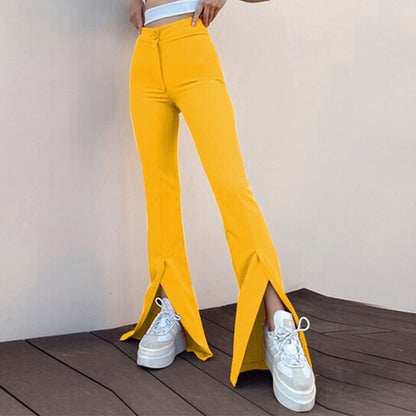 Women Solid Color Casual Flared Pants Slit High Waist Pants
