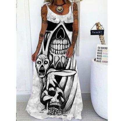 Vestido largo con estampado floral y calavera gótica informal de Halloween para mujer