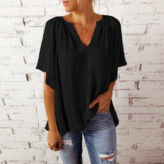 Blusa informal holgada de color liso con cuello en V y volantes de manga corta para mujer