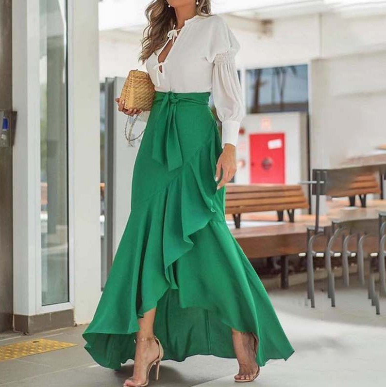 Plus Size Elegant Women Casual Solid Ruffled Fishtail Irregular Skirt