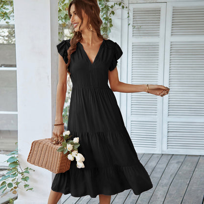 Women Casual Sexy style Solid Color V-Neck Ruffle Dresses