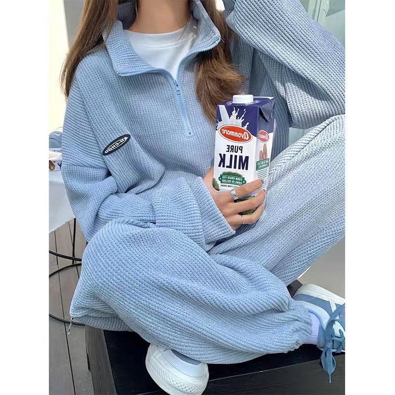 Conjunto deportivo de dos piezas para mujer: suéter tipo gofre, manga larga, top y pantalón