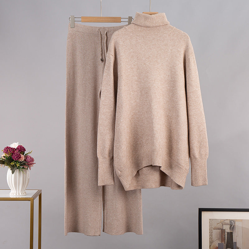 Suéter de punto de cuello alto de color liso para mujer, conjunto de dos piezas con pantalones anchos informales para otoño e invierno