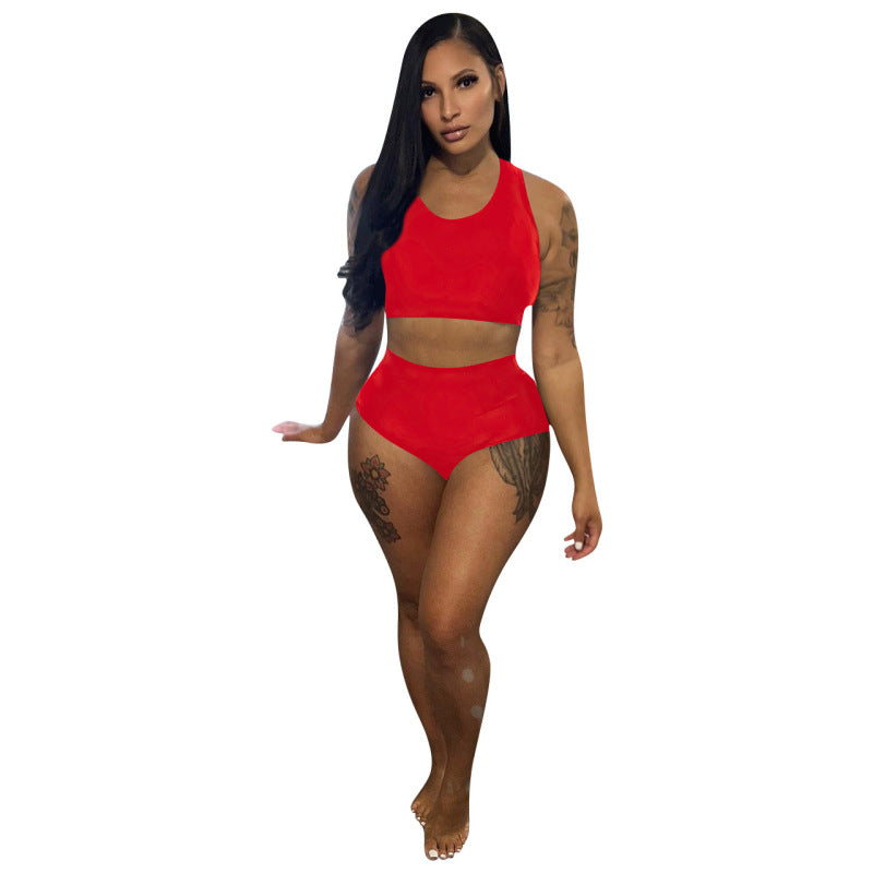 Conjunto deportivo de dos piezas para mujer, sexy, informal, deportivo, de color liso, con camiseta sin mangas y pantalones cortos