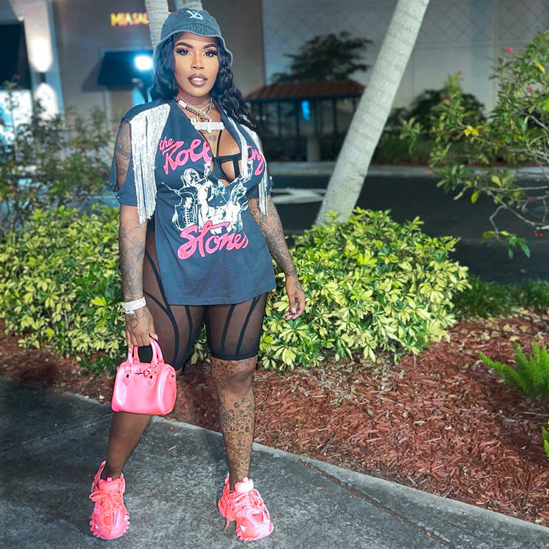 Plus Size Women Casual Short Sleeves Top And Shorts Fringed Print Two-Piece Set