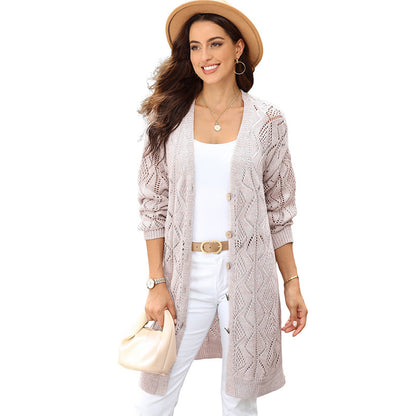 Cárdigan informal de punto calado de color liso para mujer