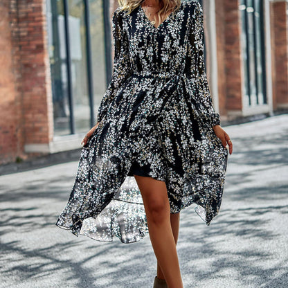 Fashion Women Boho Style Casual Sweet Floral Print Long Sleeve V Neck Chiffon Midi Dress