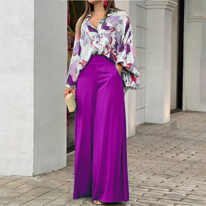Conjunto de dos piezas de blusa holgada informal estampada y pantalones de pierna ancha para mujer de verano