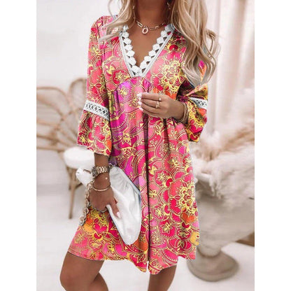 Women Elegant Bohemian V-Neck Floral Printed Lace Patchwork Casual Dress