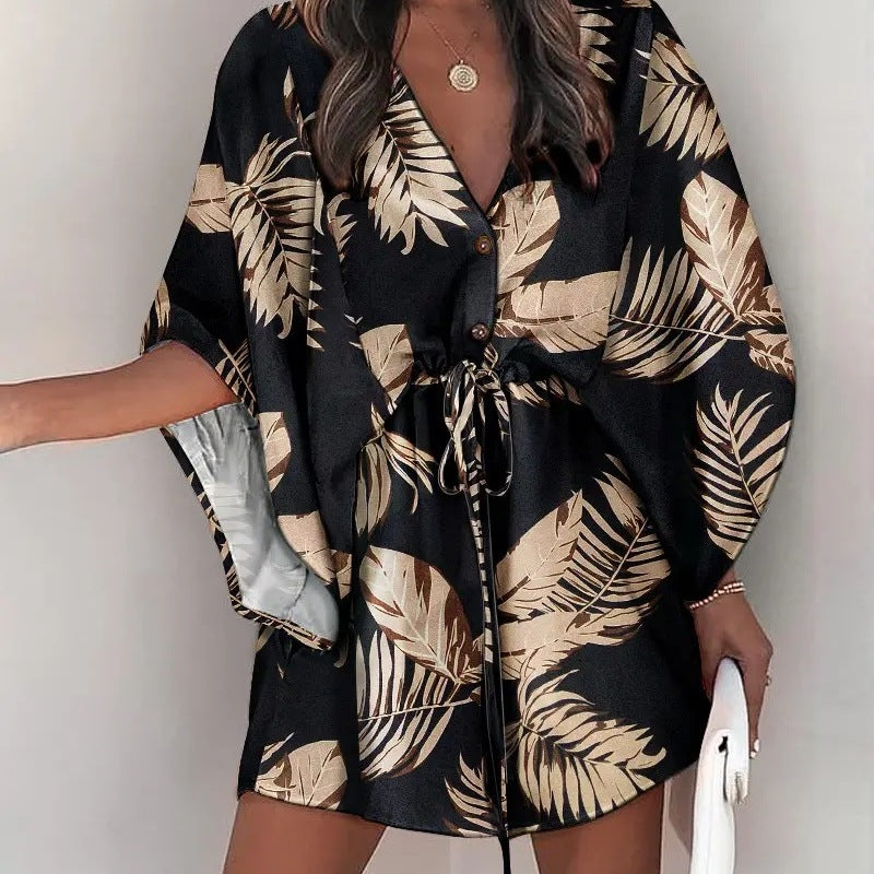 Women Elegant Bohemian Summer Short Sleeves V Neck Casual Bandage Holiday Dress