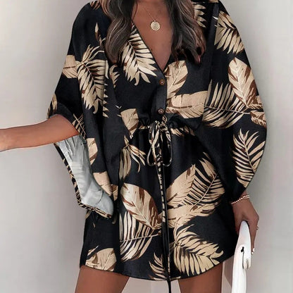 Women Elegant Bohemian Summer Short Sleeves V Neck Casual Bandage Holiday Dress
