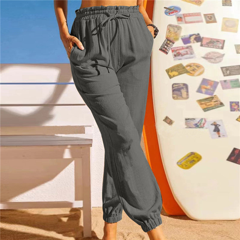 Women Fashion Casual Solid Color Elastic Waist Jogger Pants