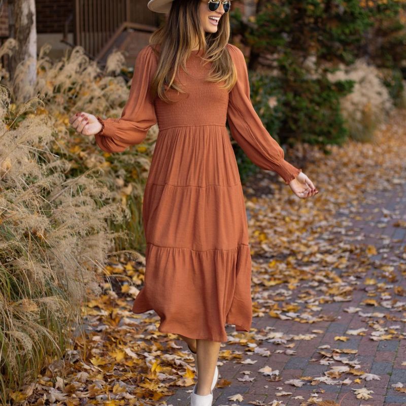 Vestido midi liso con mangas abullonadas y cuello redondo vintage informal para mujer de otoño e invierno