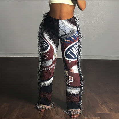 Women Casual Fashion Multicolor Pattern Letter Print Tassel Pants