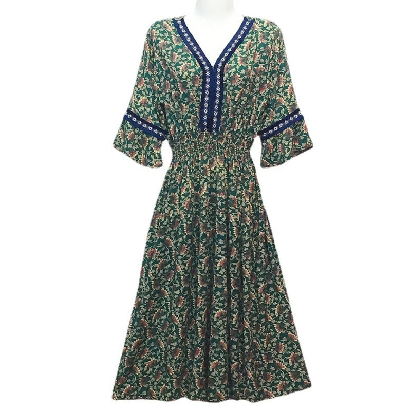 Vestido midi holgado informal de verano con cuello en V y mangas acampanadas para mujer