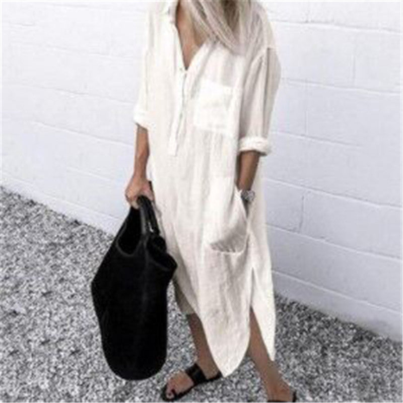 Summer Women Fashion Simple Casual Long Sleeve Shirt Split Dress