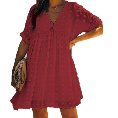 Women Solid Color V-Neck Chiffon Sweet Polka Dot Loose Casual Short Sleeve Dress