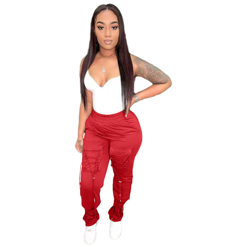 Women Solid Color Elastic High Waist Bandage Casual Pants