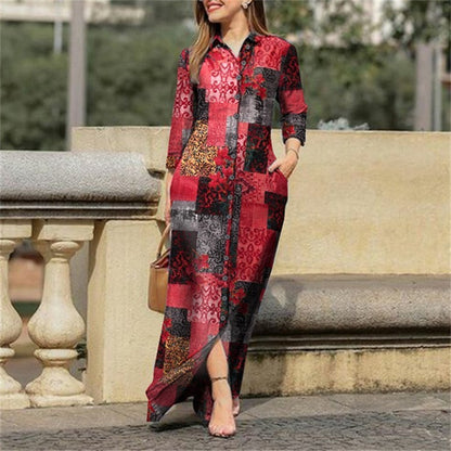 Women Casual Floral Print Long Sleeve Buttoned Loose Maxi Dress