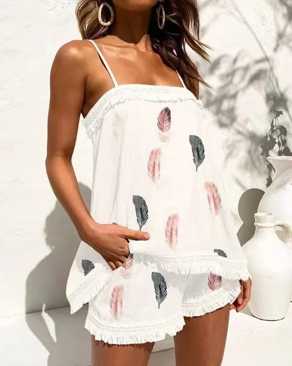 Conjunto informal de camiseta y pantalones cortos con estampado floral de pavo real y plumas para mujer para vacaciones de verano