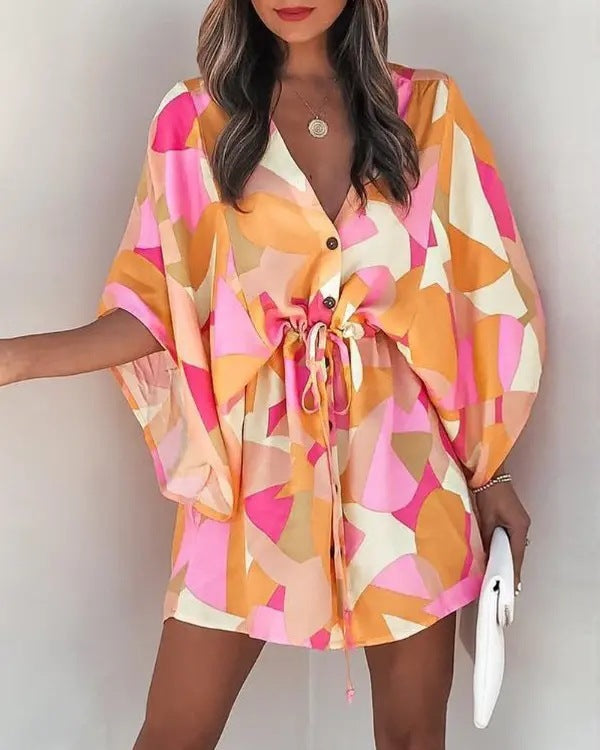 Women'S Casual V-Neck Drawstring Print Dress