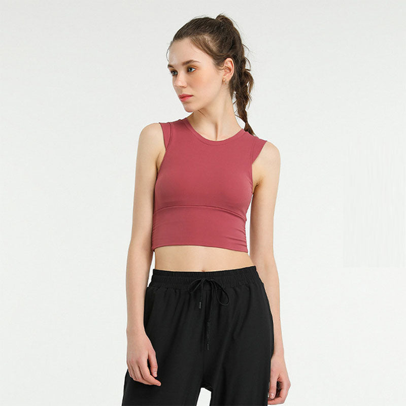 Camiseta deportiva sin mangas con cuello redondo, transpirable, de color sólido y ajustada, informal para mujer