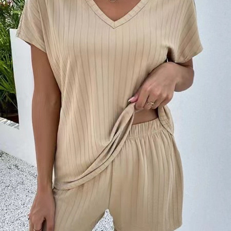 Conjunto de dos piezas de ropa de casa informal y acogedora de punto de color liso para mujer de verano