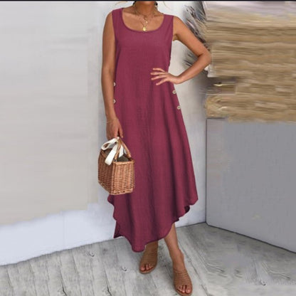 Vestido largo informal de lino y algodón con botones y vuelo irregular para mujer de verano