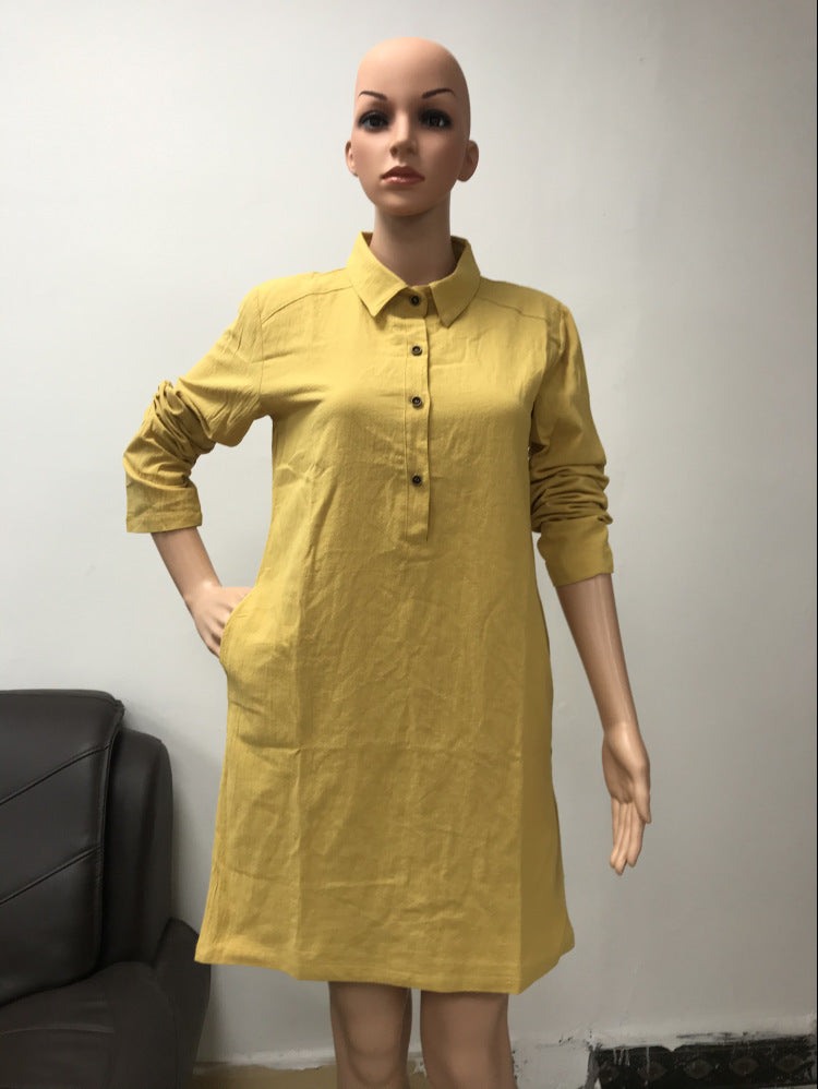 Women Solid Color Casual Basic Loose Long-Sleeved Shirt Dress