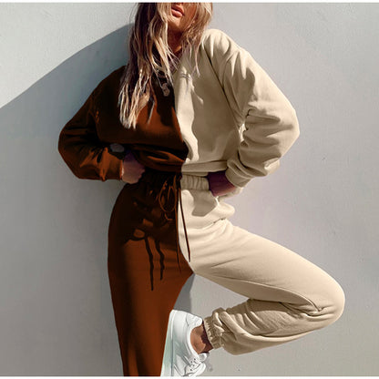Conjunto de pantalones deportivos de cuello redondo con bloques de color informales a la moda para mujer