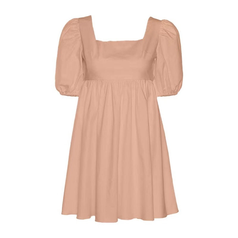 Summer Casual Sweet Women Square Neck Backless Puff Sleeve Solid Color Swing Dress