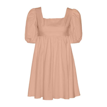 Summer Casual Sweet Women Square Neck Backless Puff Sleeve Solid Color Swing Dress