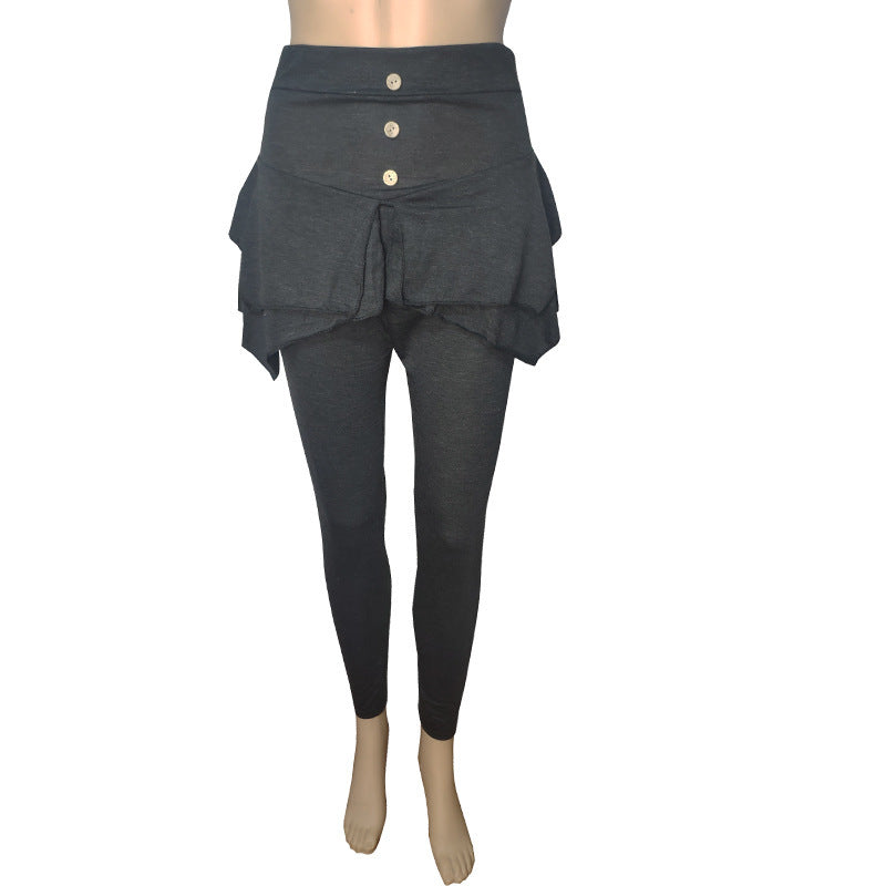 Women Casual Solid Color Slim Fit Three Button Leggings Skirt Pants