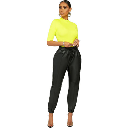 Women Solid Color Pu Leather Casual Pants Pencil Jogger Pants