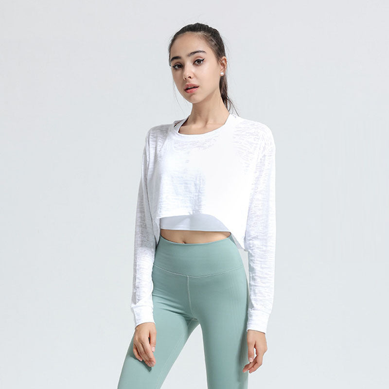 Top deportivo corto informal, holgado, transpirable, de color sólido y manga larga para mujer