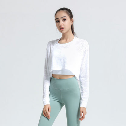 Top deportivo corto informal, holgado, transpirable, de color sólido y manga larga para mujer