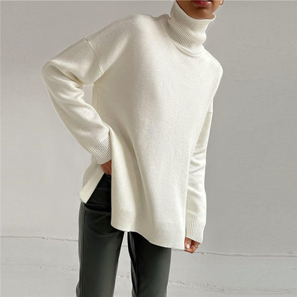 Women Casual Fashion Autumn Winter Loose Turtleneck Solid Color Long-Sleeveside Slit Sweater