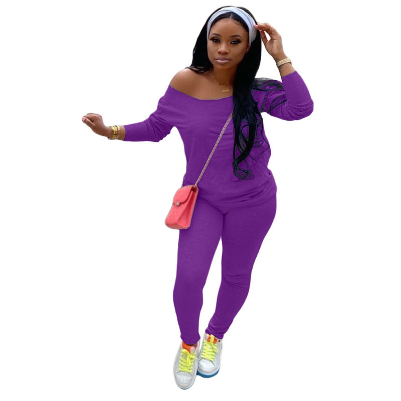 Conjunto deportivo básico de moda para mujer, color liso, manga larga, informal, top y pantalón sin pañuelo