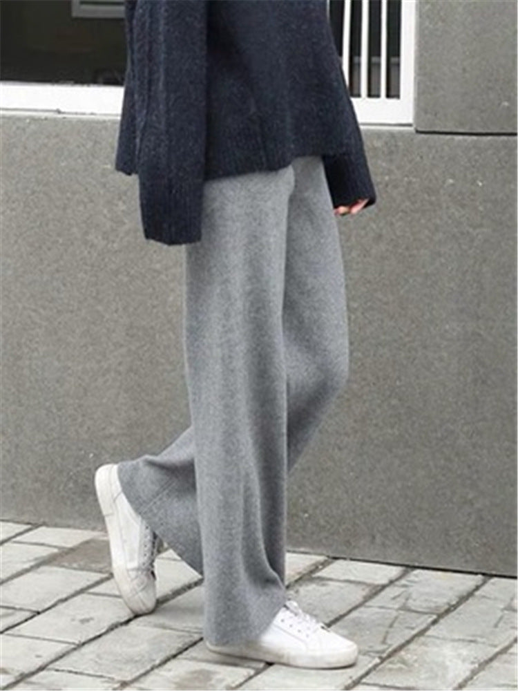 Women Casual Pants Thickened Knitted Wide-Leg High-Waisted Straight-Leg Pendant Long Pants