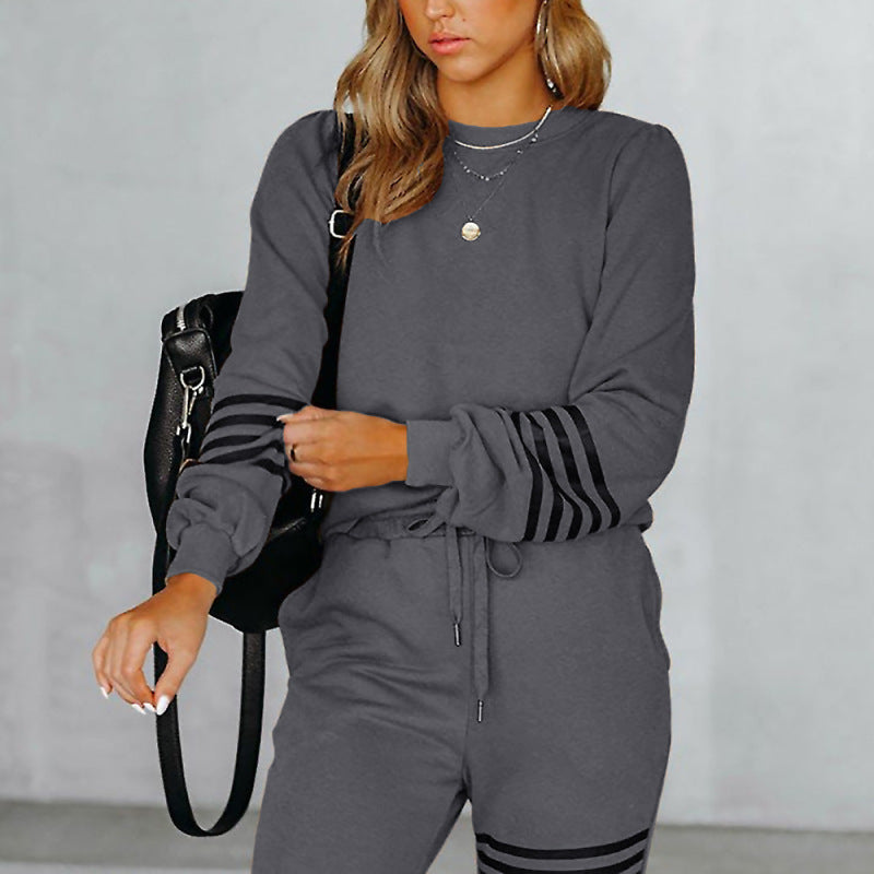 Conjunto de sudadera y pantalones a rayas holgados de manga larga con estampado de letras para mujer