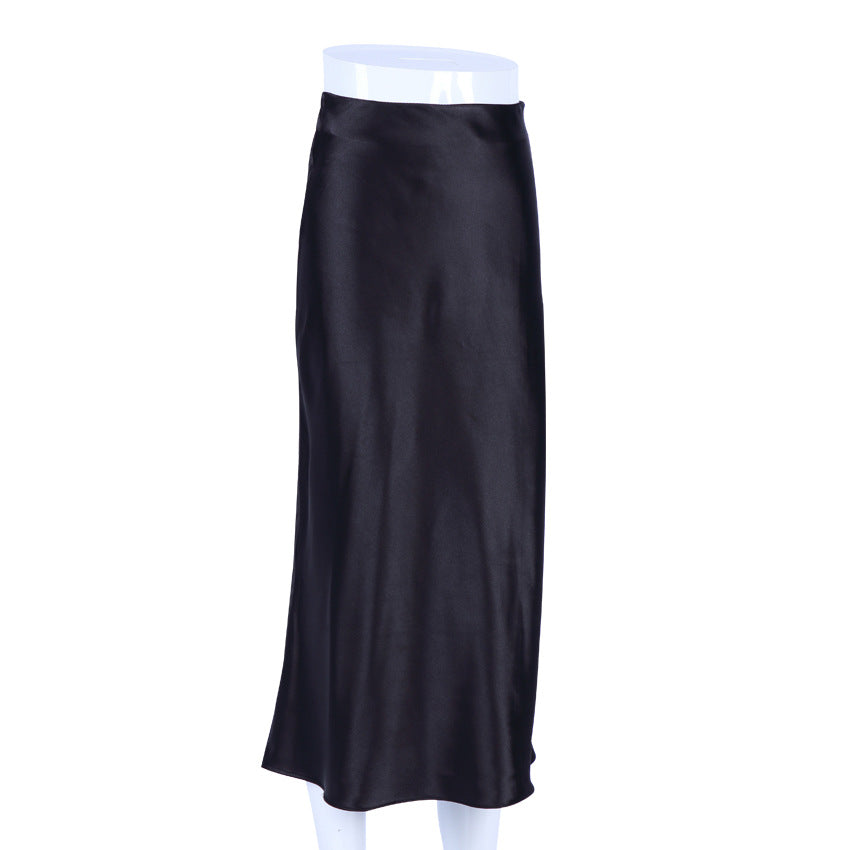 Autumn Spring Women High Waist Satin Slim-Fit Elegant Casual Office Solid Skirt