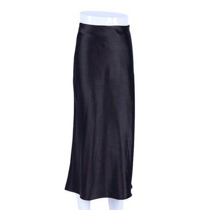 Autumn Spring Women High Waist Satin Slim-Fit Elegant Casual Office Solid Skirt