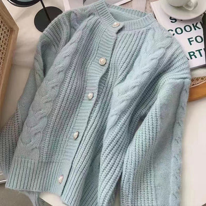 Suéter tipo cárdigan liso de manga larga con cuello redondo y tejido trenzado para mujer, informal, de invierno