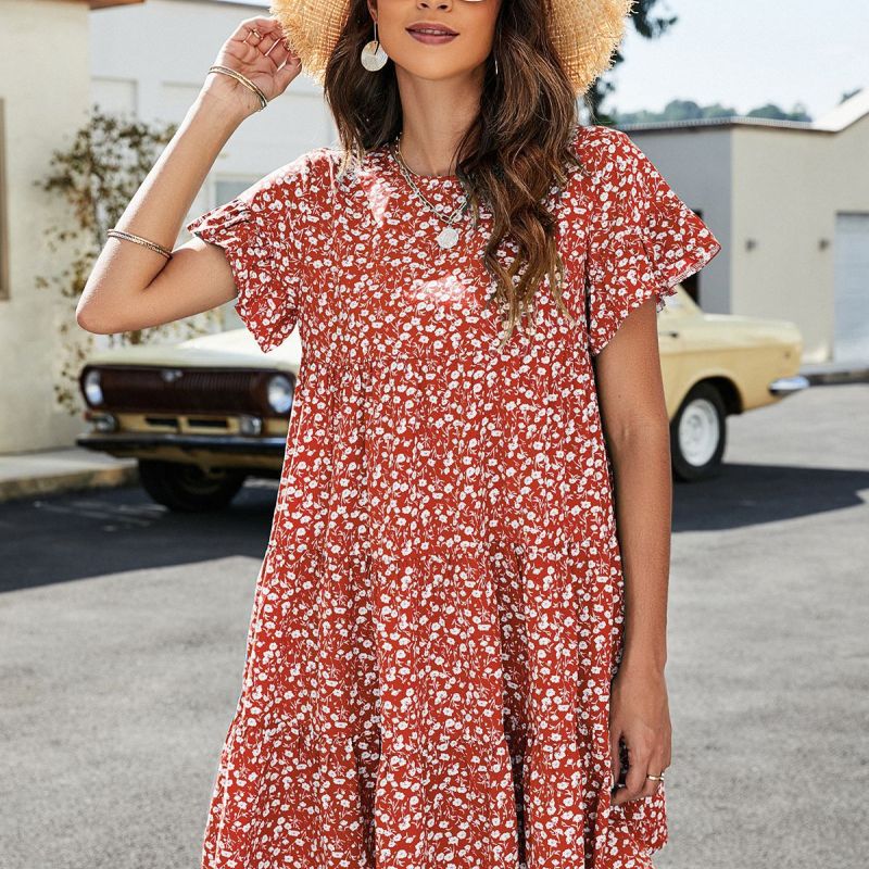 Vestido holgado informal de manga corta con volantes y cuello redondo con estampado de leopardo para vacaciones de verano para mujer