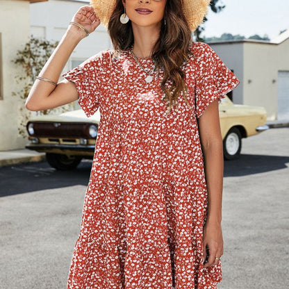 Vestido holgado informal de manga corta con volantes y cuello redondo con estampado de leopardo para vacaciones de verano para mujer