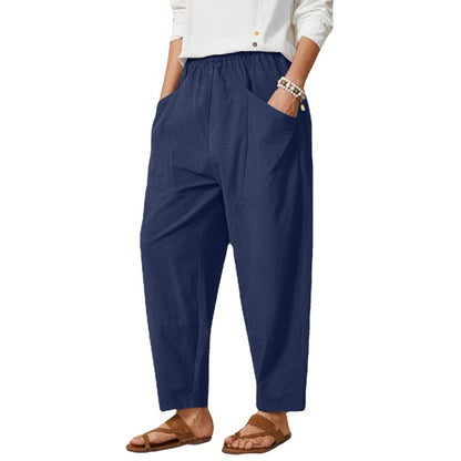 Women Solid Color Casual Stitching Loose Harem Elastic Waist Pants